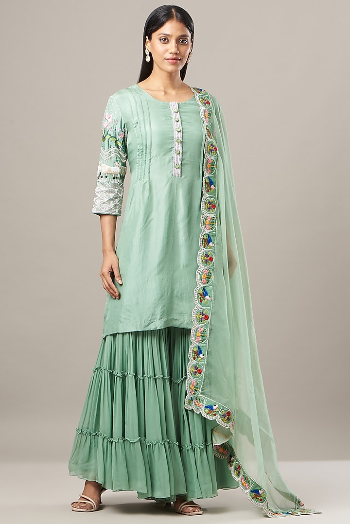 Pista Green Chanderi Silk Sharara Set by House of Tushaom