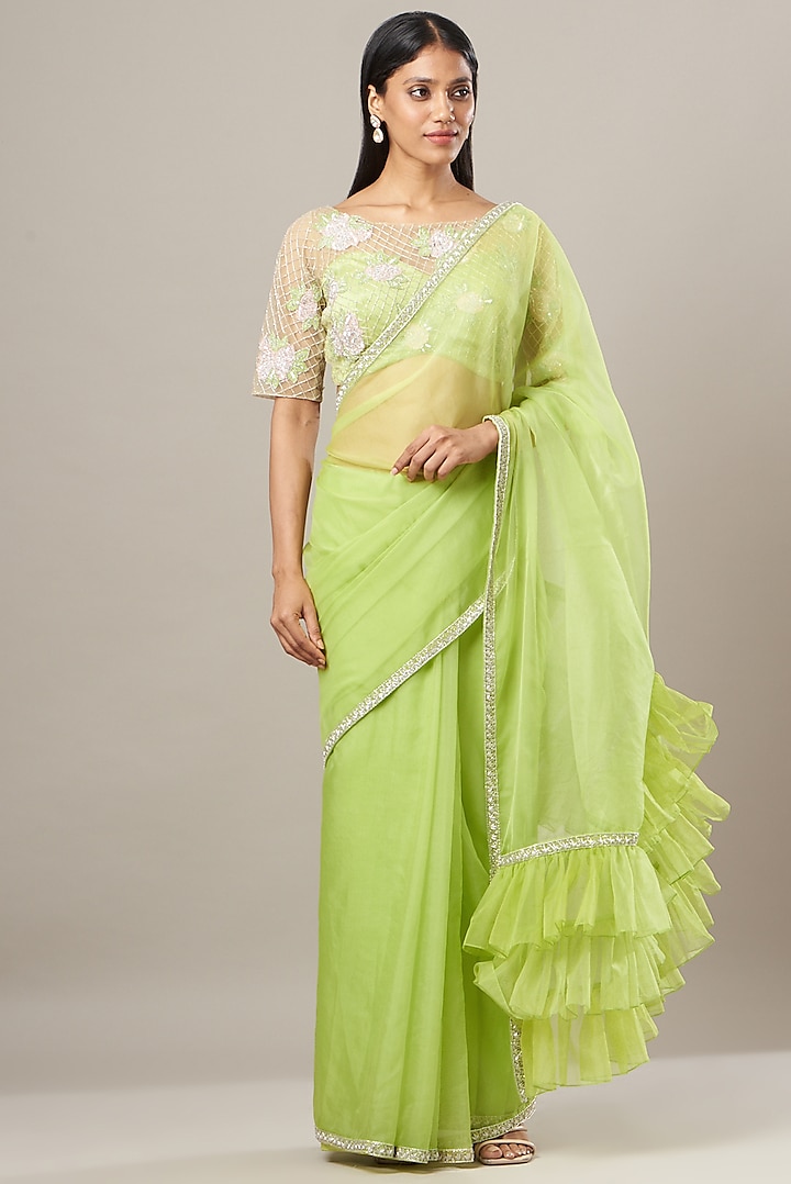 Lime Silk Organza Saree Set by House of Tushaom