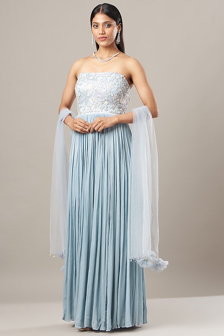 Powder Blue Embroidered Gown by House of Tushaom