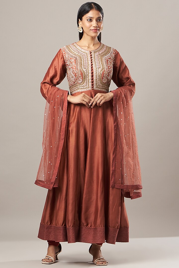 Deep Rust Embroidered Anarkali Set by House of Tushaom