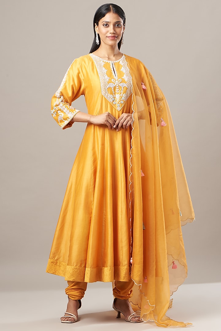 Yellow Embroidered Anarkali Set by House of Tushaom