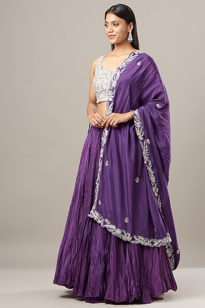 Purple Chanderi Silk Crinkled Lehenga Set by House of Tushaom