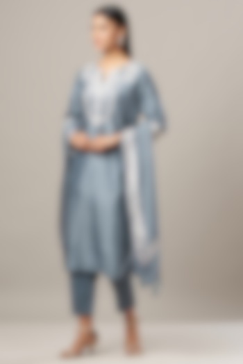 Steel Grey Embroidered Kurta Set by House of Tushaom