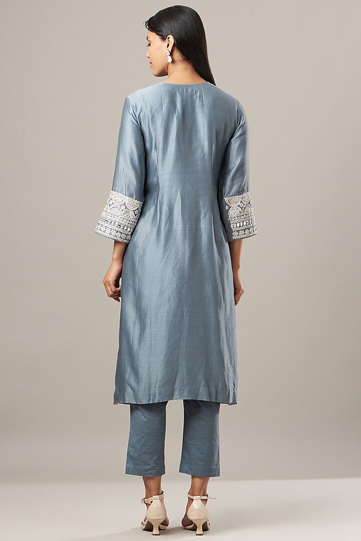 Steel Grey Embroidered Kurta Set by House of Tushaom at Pernia's Pop Up Shop