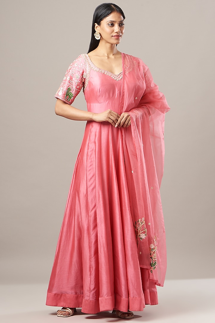 Pink Zardosi Embroidered Anarkali Set by House of Tushaom