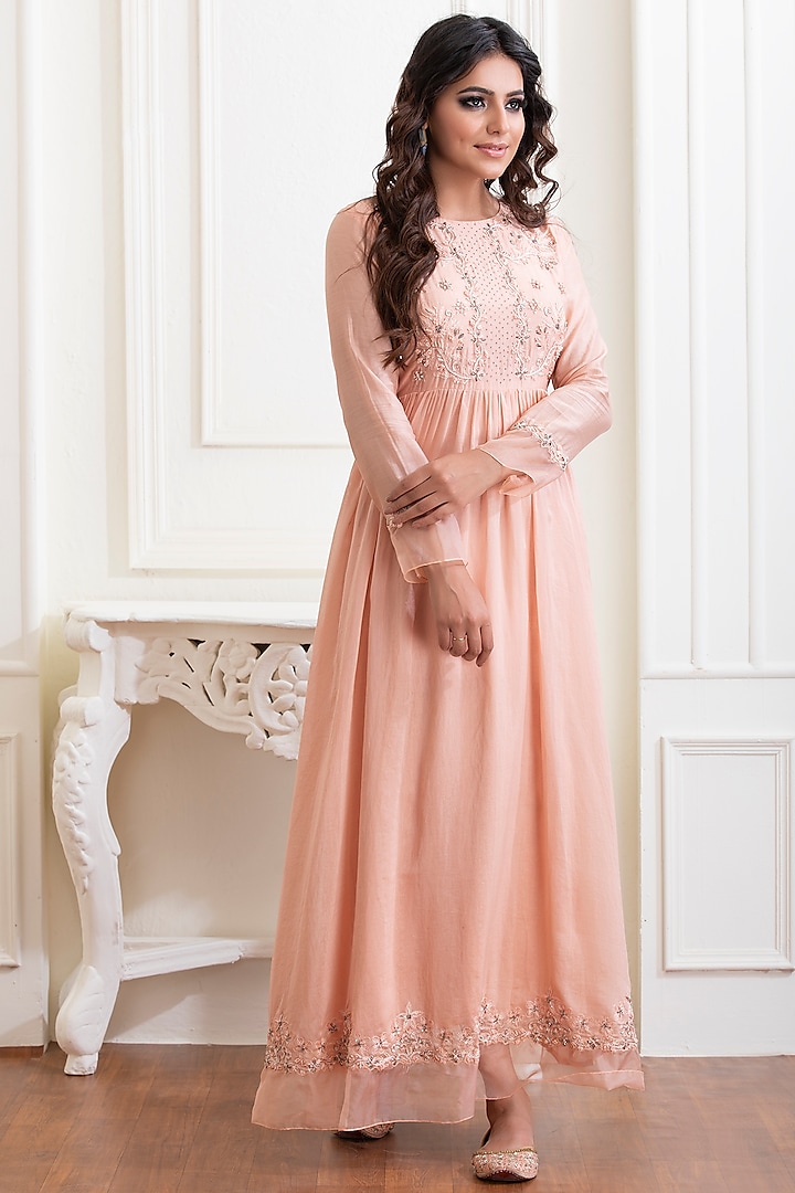 Peach Bloom Embroidered Maxi Dress by House of Tushaom