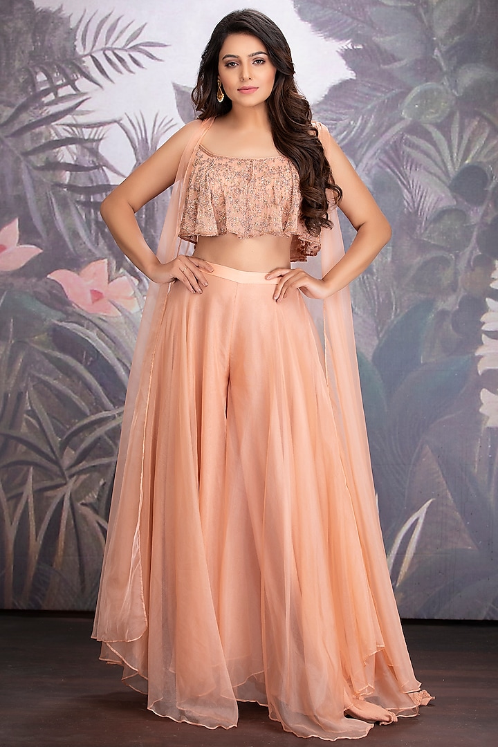 Peach Bloom Silk Organza Pant Set by House of Tushaom