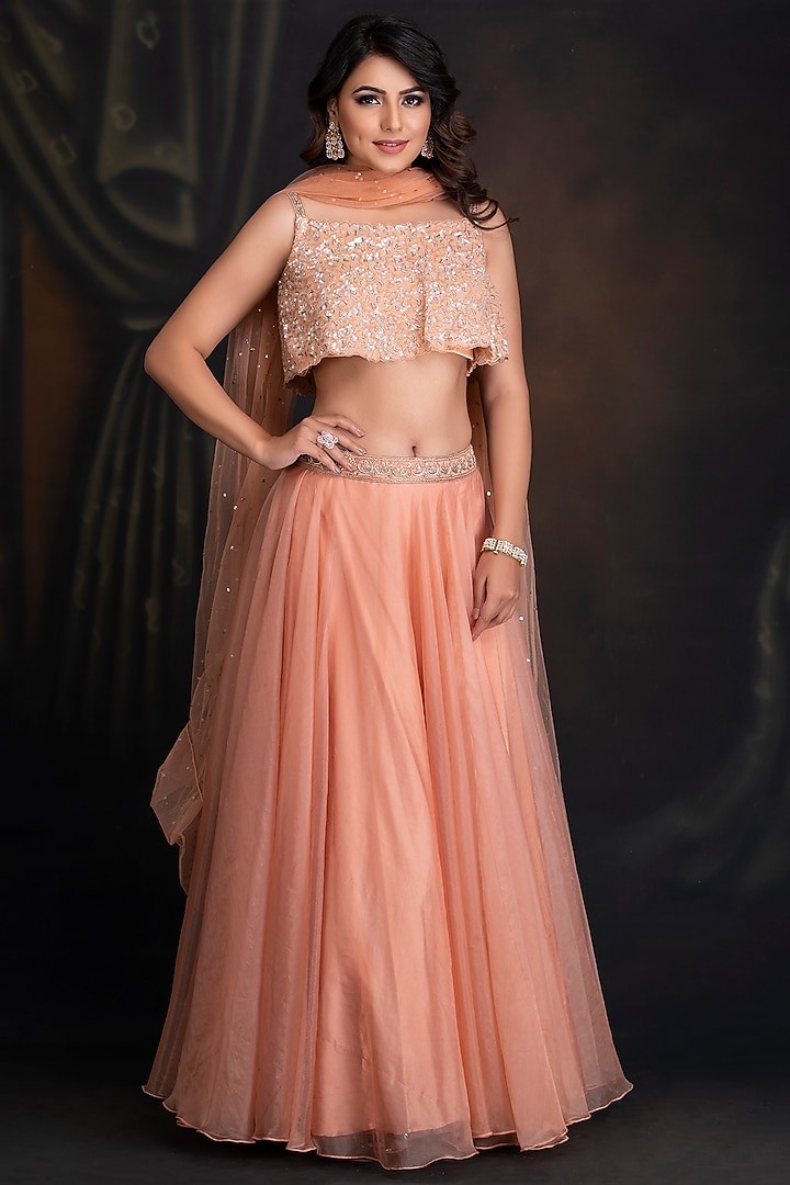 Peach Bloom Silk Organza Wedding Lehenga Set by House of Tushaom at Pernia's Pop Up Shop