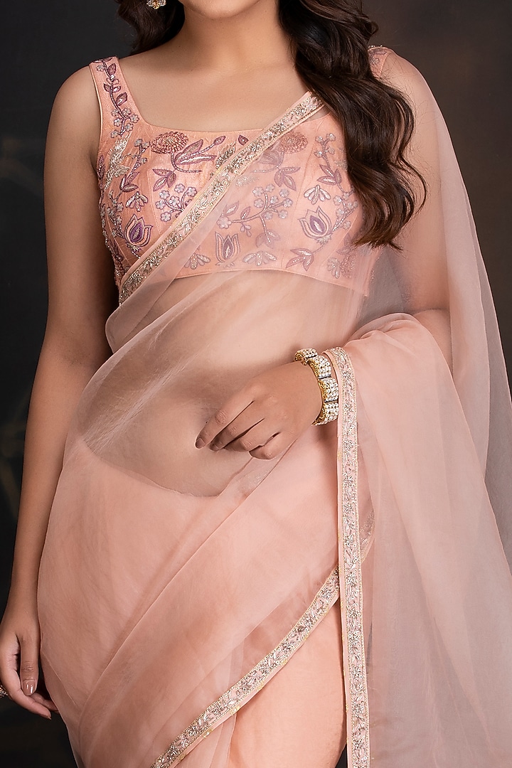 Peach Bloom Embroidered Party Wear Saree Set by House of Tushaom at Pernia's Pop Up Shop
