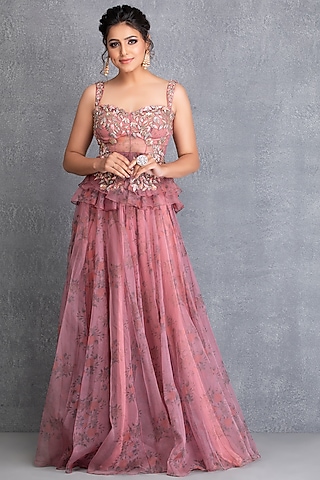 Ash Rose Silk Organza Lehenga Set by House of Tushaom