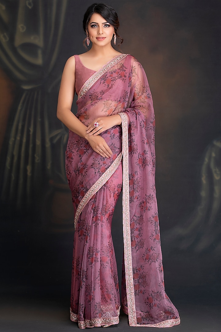 Ash Rose Printed & Embroidered Saree Set by House of Tushaom