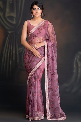 Ash Rose Printed & Embroidered Saree Set by House of Tushaom