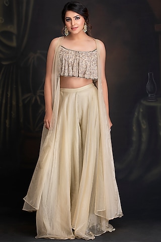 Beige Green Silk Organza Pant Set by House of Tushaom