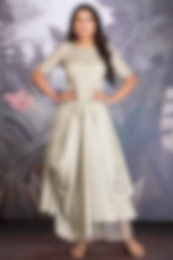 Beige Green Silk Linen Tunic Set by House of Tushaom at Pernia's Pop Up Shop