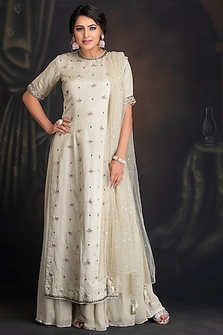 Beige Green Silk Linen Kurta Set by House of Tushaom