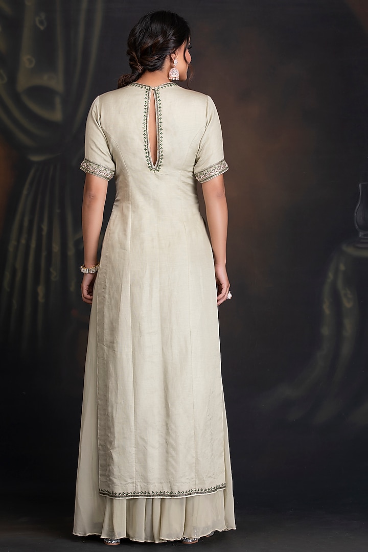 Beige Green Silk Linen Kurta Set by House of Tushaom at Pernia's Pop Up Shop