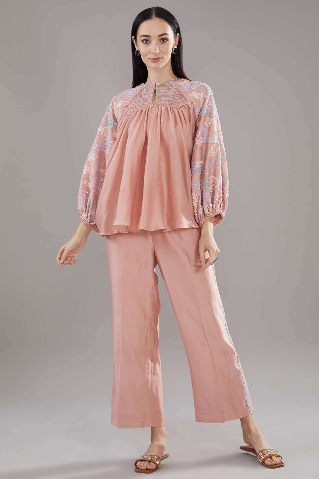 Peach Chanderi Silk Sequins Embellished Co-Ord Set by House of Tushaom at Pernia's Pop Up Shop