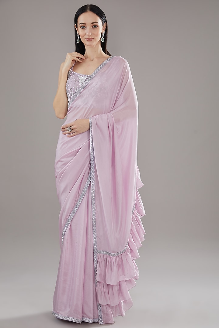 Lilac Silk Dabka Hand Embroidered Ruffled Saree Set by House of Tushaom