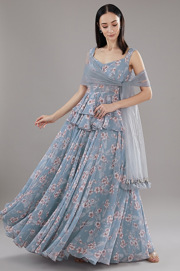 Powder Blue Georgette Floral Printed Wedding Lehenga Set by House of Tushaom at Pernia's Pop Up Shop