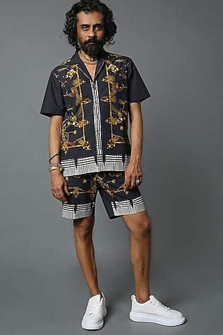 Black Cotton Printed Shirt by HOUSE OF THREE MEN