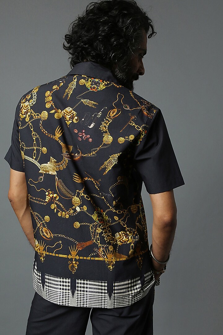 Black Cotton Printed Party Wear Shirt by HOUSE OF THREE MEN at Pernia's Pop Up Shop