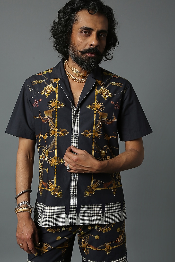 Black Cotton Printed Party Wear Shirt by HOUSE OF THREE MEN at Pernia's Pop Up Shop