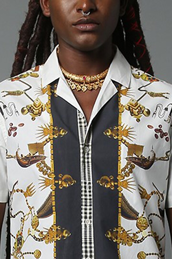 White Cotton Printed Party Wear Shirt by HOUSE OF THREE MEN at Pernia's Pop Up Shop