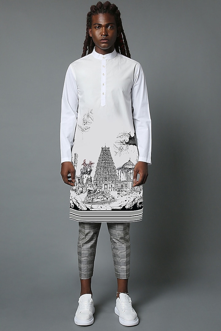 White Cotton Kurta With Digital Print by HOUSE OF THREE MEN