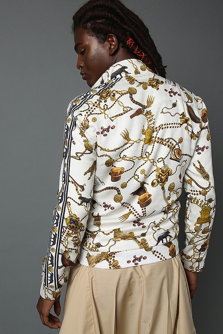 White Printed Bomber Jacket by HOUSE OF THREE MEN at Pernia's Pop Up Shop