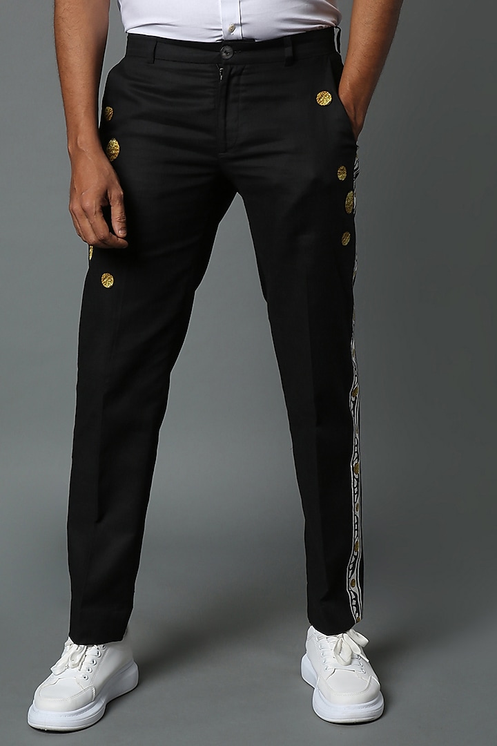 Black Embroidered Pants by HOUSE OF THREE MEN