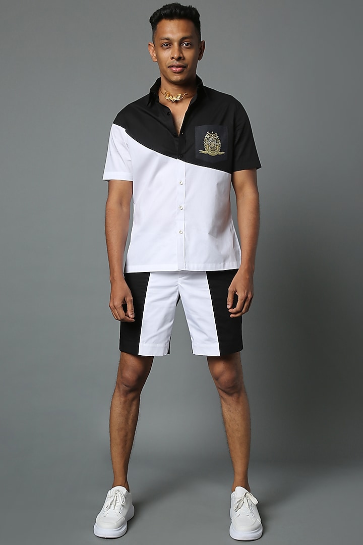 White & Black Cotton Color Blocked Shirt by HOUSE OF THREE MEN