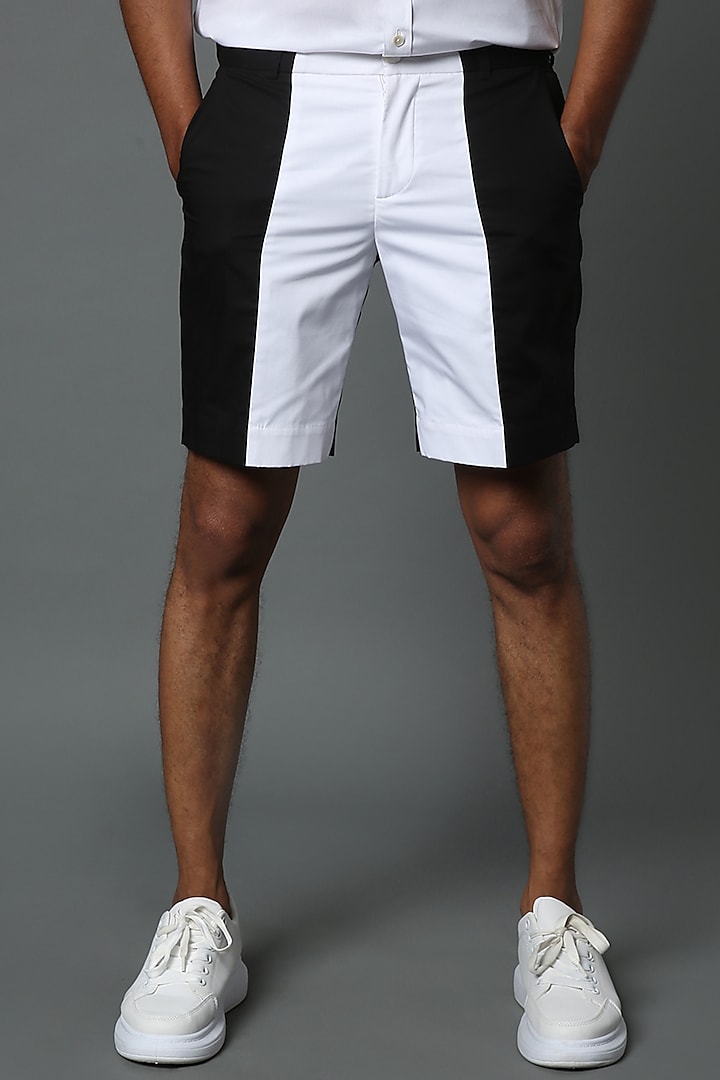 White & Black Color Blocked Shorts by HOUSE OF THREE MEN
