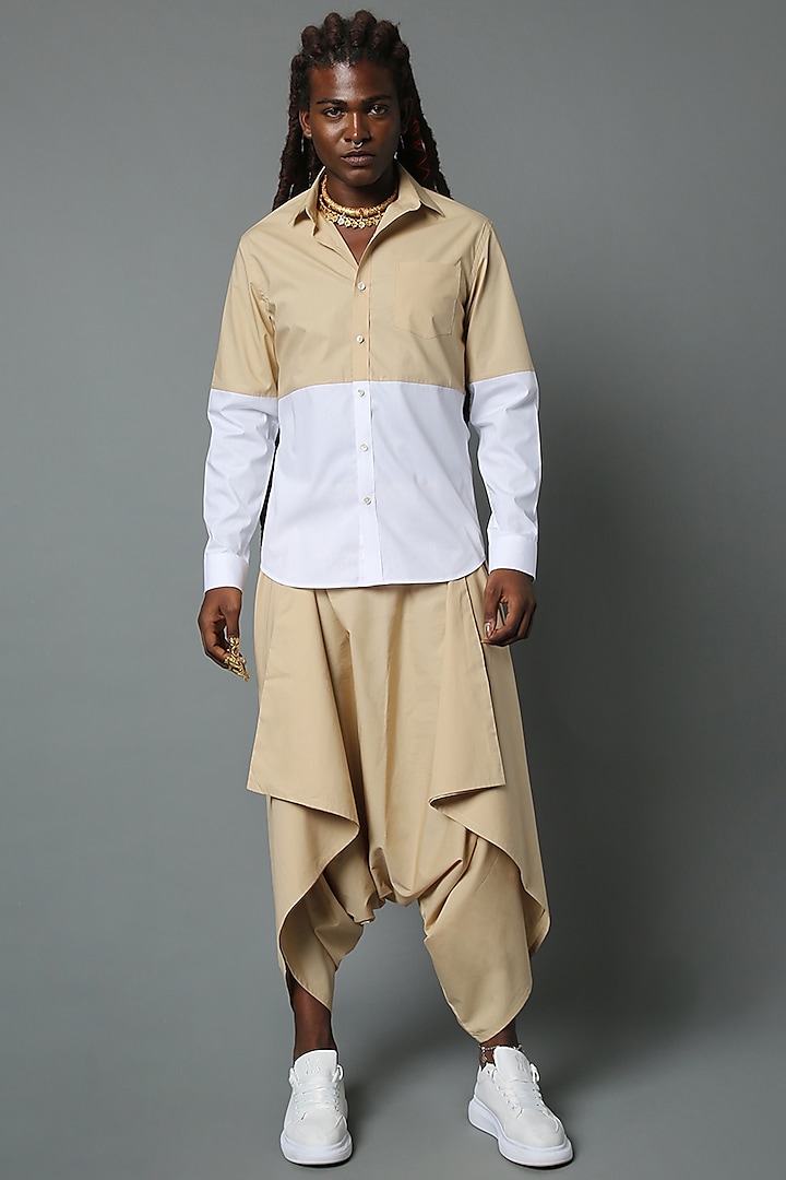 Beige & White Color Blocked Shirt by HOUSE OF THREE MEN