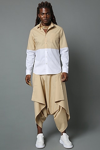 Beige & White Color Blocked Shirt by HOUSE OF THREE MEN