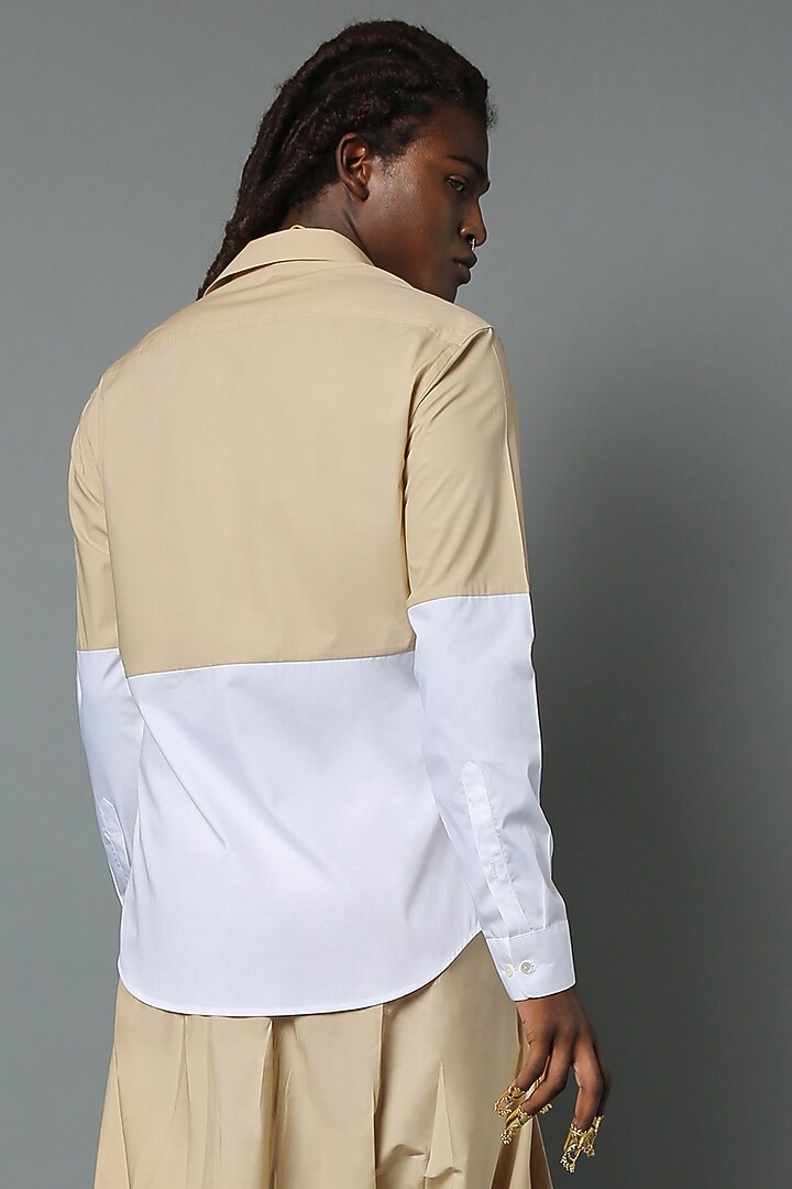 Beige & White Color Blocked Party Wear Shirt by HOUSE OF THREE MEN at Pernia's Pop Up Shop