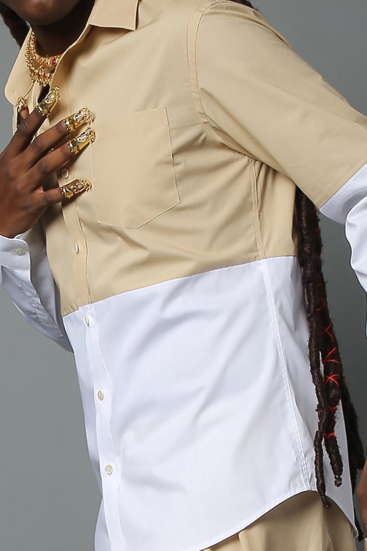 Beige & White Color Blocked Party Wear Shirt by HOUSE OF THREE MEN at Pernia's Pop Up Shop
