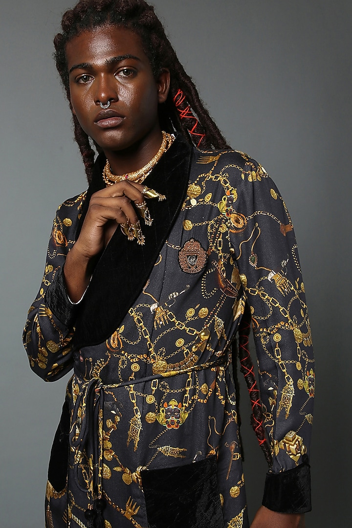 Black Printed Jacket by HOUSE OF THREE MEN at Pernia's Pop Up Shop