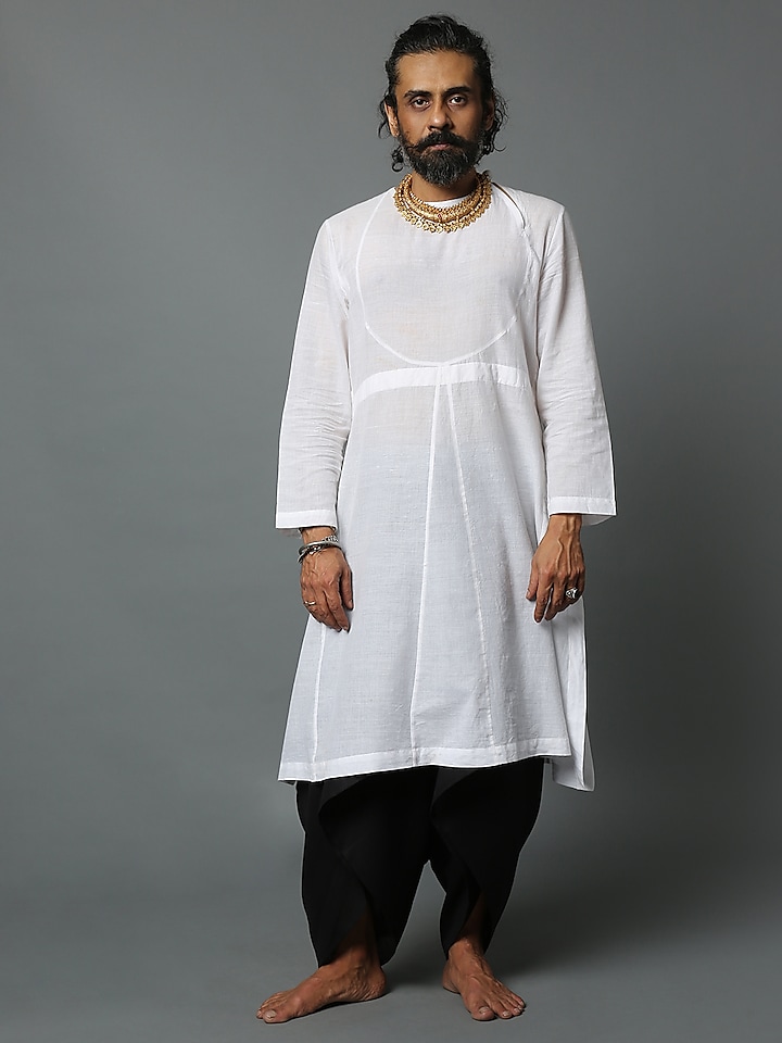 White Handwoven Angrakha Kurta by HOUSE OF THREE MEN