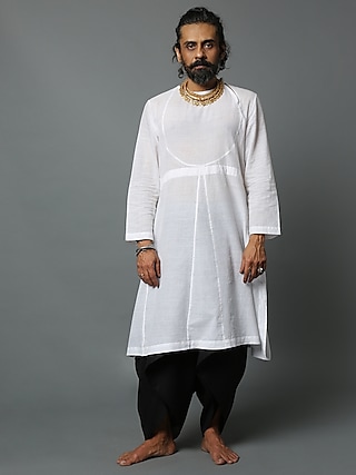 White Handwoven Angrakha Kurta by HOUSE OF THREE MEN