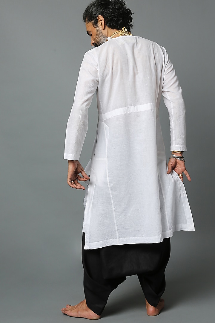 White Handwoven Angrakha Kurta by HOUSE OF THREE MEN at Pernia's Pop Up Shop