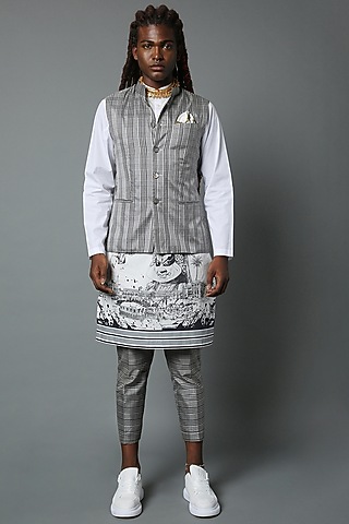 Grey Silk Bundi Jacket by HOUSE OF THREE MEN