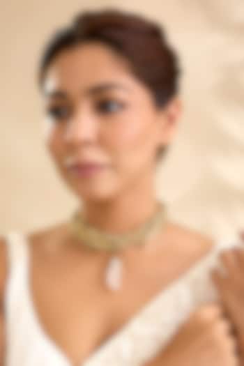 Gold Finish Kundan Polki & Rose Quartz Choker Necklace Set by House Of Tuhina at Pernia's Pop Up Shop