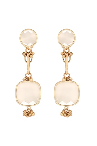 Gold Finish Quartz Stone Enameled Handcrafted Long Earrings by House of Tuhina