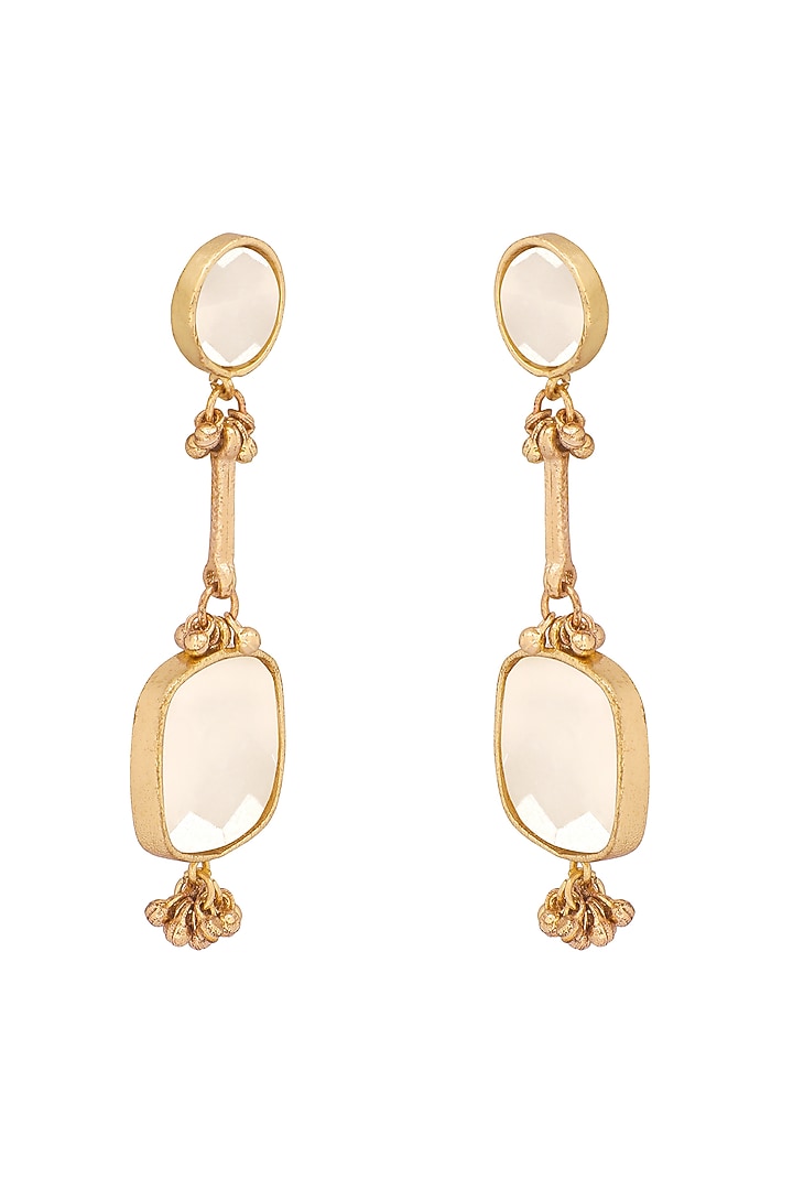 Gold Finish Quartz Stone Enameled Handcrafted Long Earrings by House of Tuhina at Pernia's Pop Up Shop