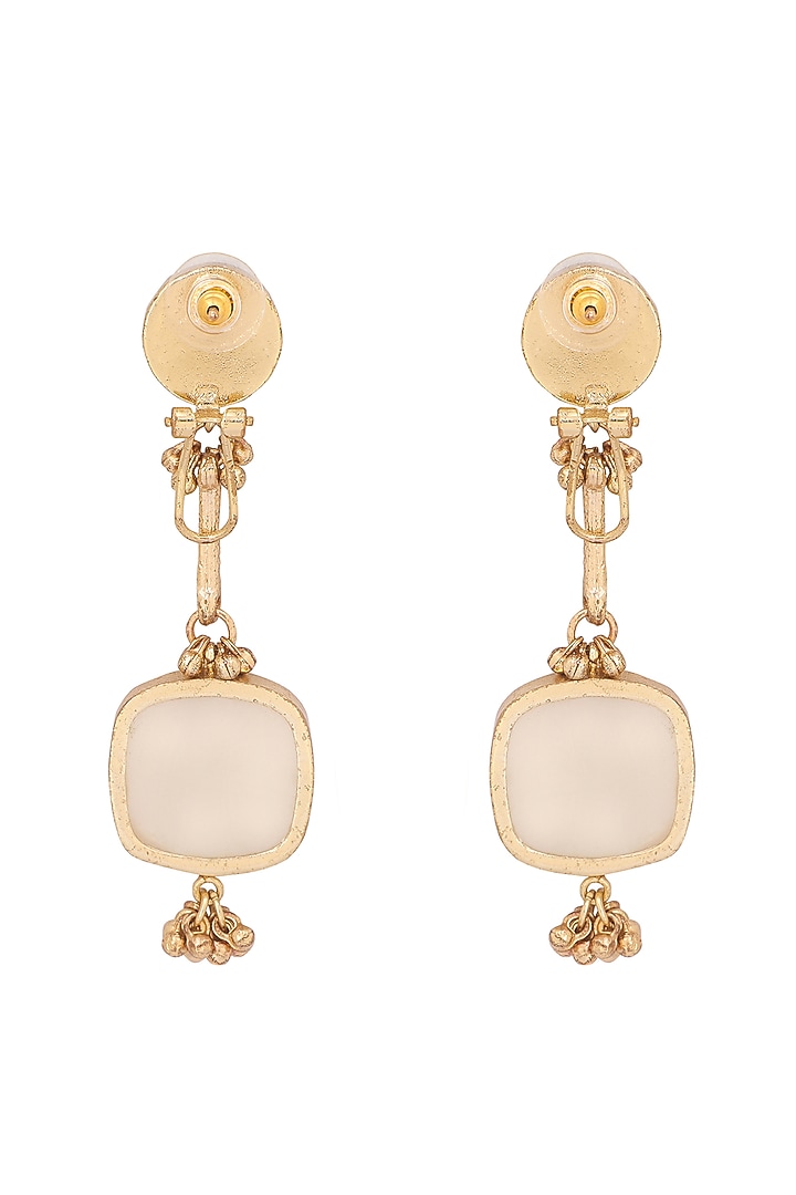 Gold Finish Quartz Stone Enameled Handcrafted Long Earrings by House of Tuhina at Pernia's Pop Up Shop
