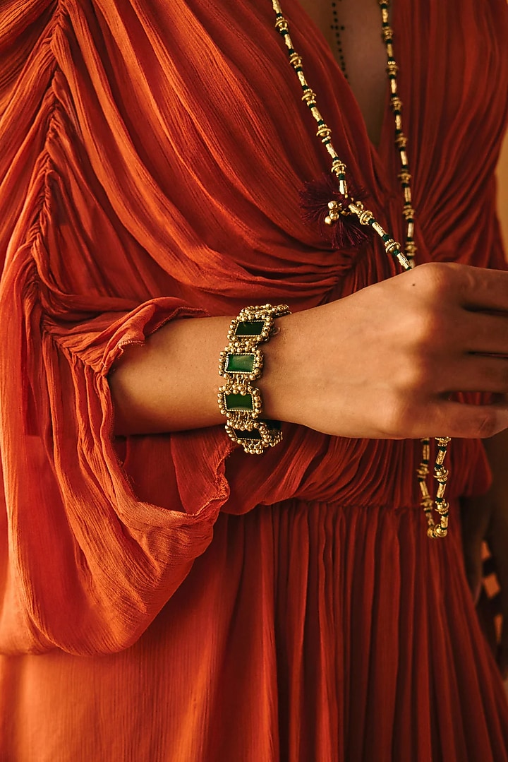 Gold Finish Mirror & Green Stone Bracelet by House Of Tuhina at Pernia's Pop Up Shop