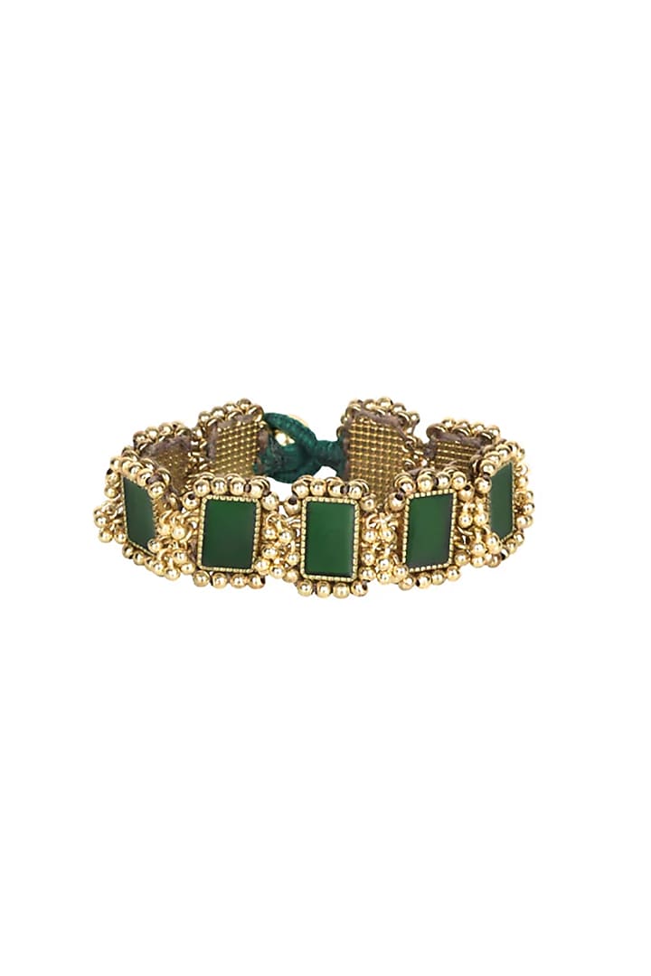 Gold Finish Mirror & Green Stone Bracelet by House Of Tuhina at Pernia's Pop Up Shop