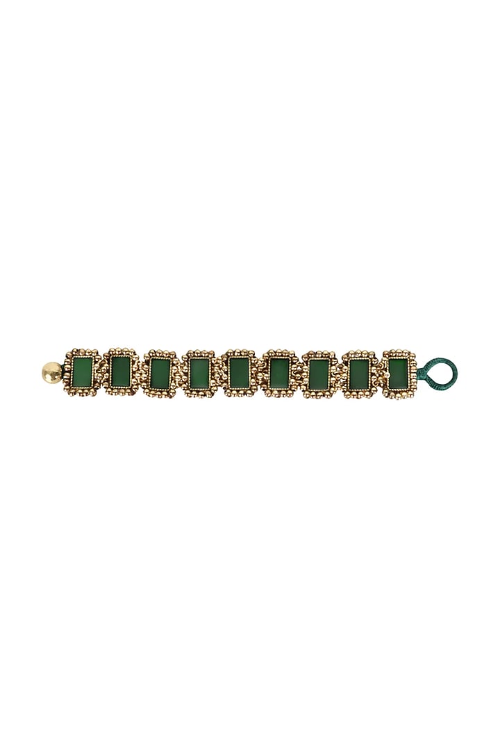 Gold Finish Mirror & Green Stone Bracelet by House Of Tuhina at Pernia's Pop Up Shop