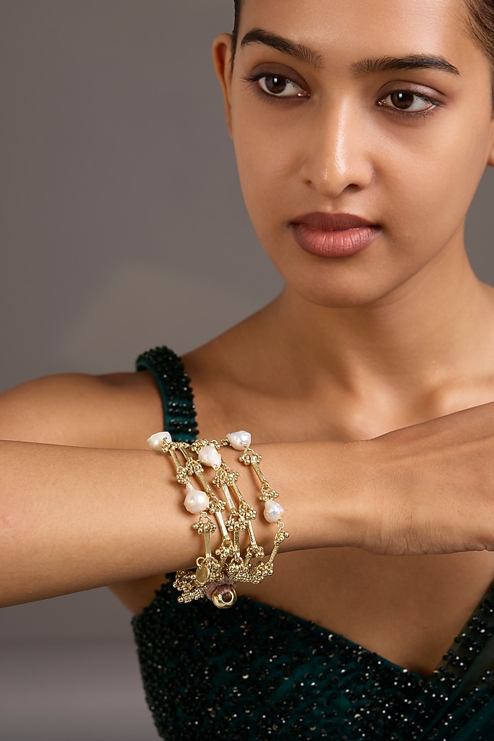 Gold Finish White Stone Bracelet by House Of Tuhina at Pernia's Pop Up Shop