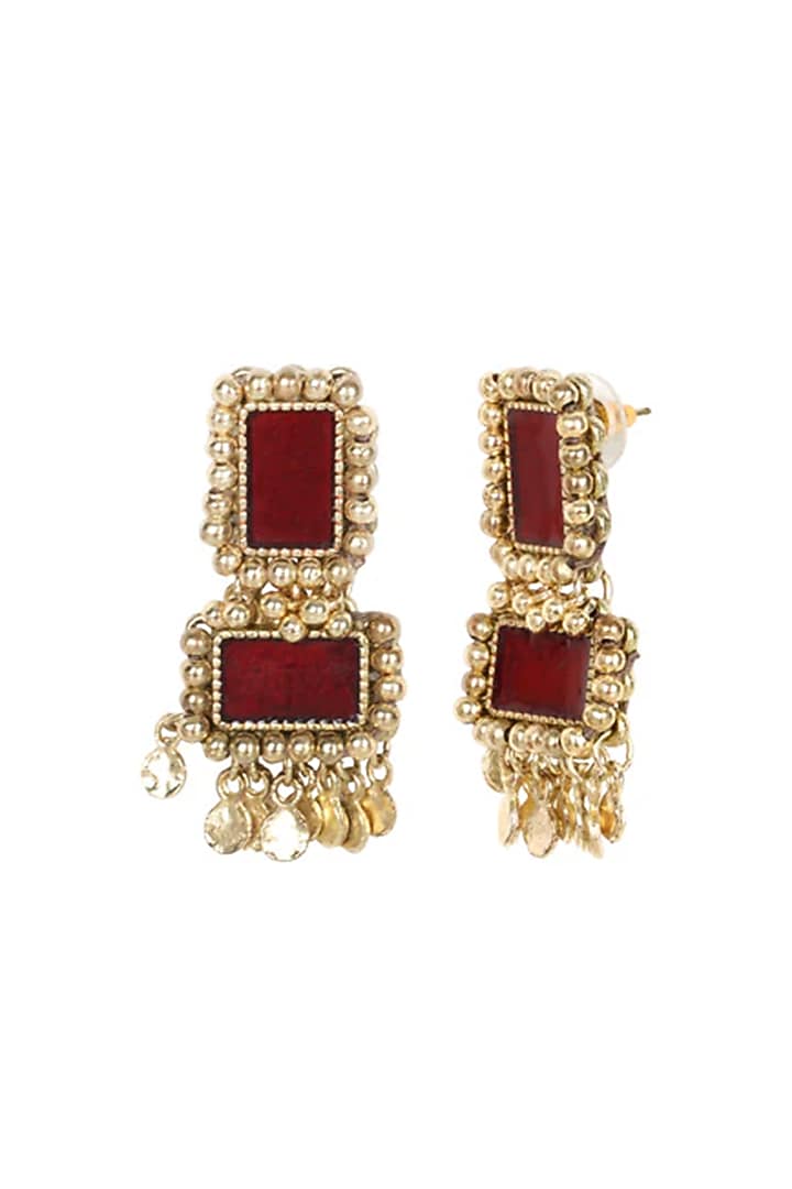 Gold Finish Cut Maroon Mirror Dangler Earrings by House of Tuhina at Pernia's Pop Up Shop